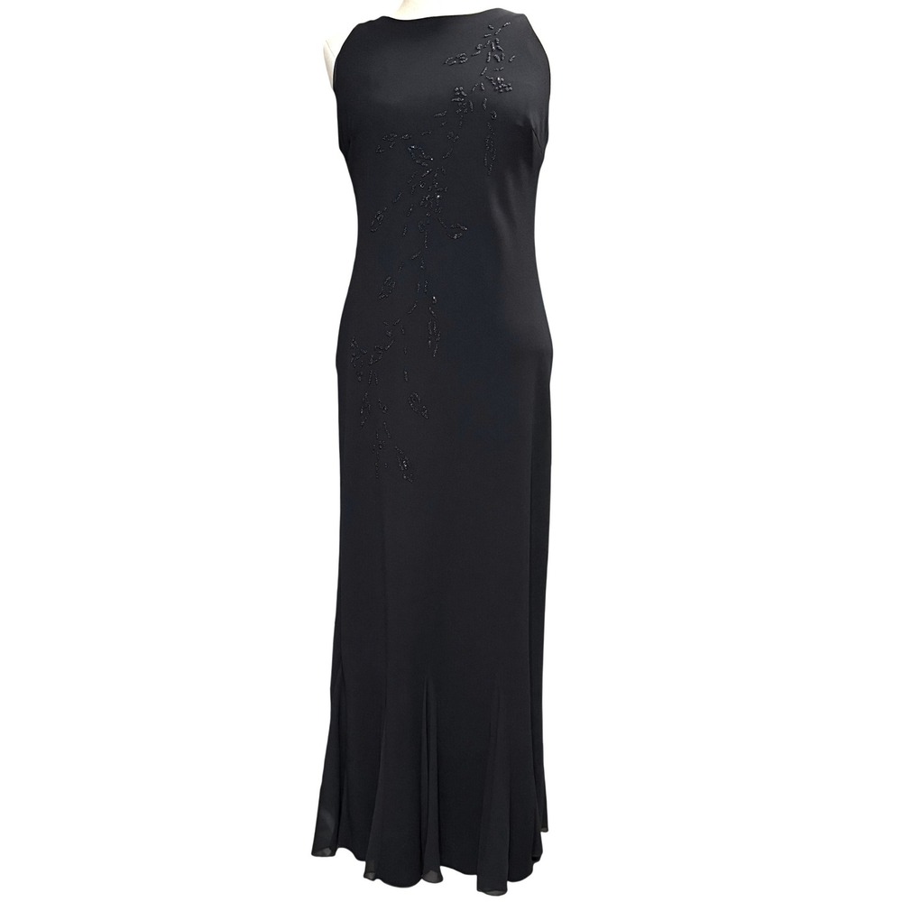 VTG SL Fashions M Gown Black Beaded Floral Maxi Dress Formal Evening Prom Gala